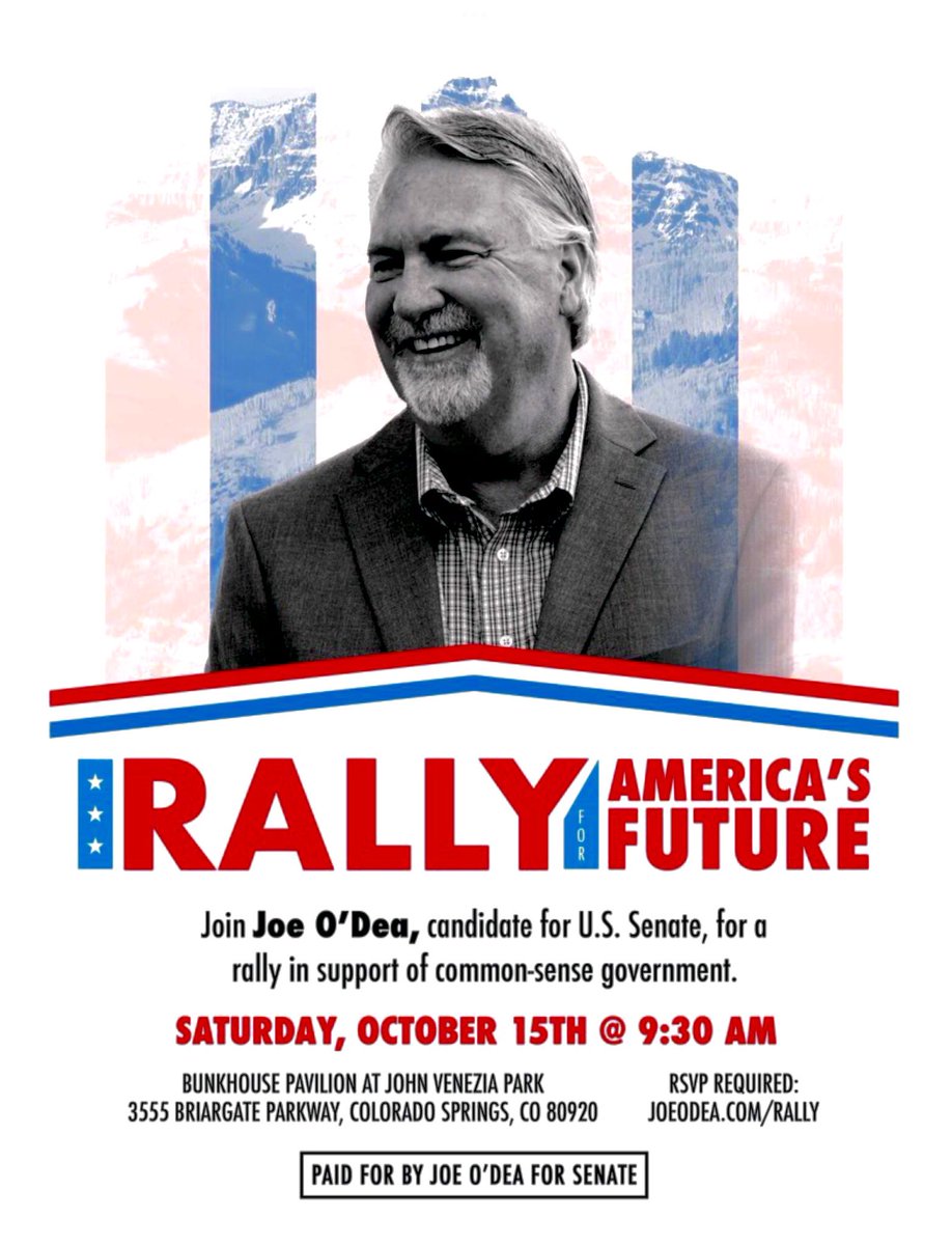 RANDALLONRADIO's tweet photo. Tomorrow morning I'll help welcome future U.S. Senator Joe O'Dea to Colorado Springs for the "Rally For America's Future" from 9:30-10:30 am / 3555 Briargate Parkway, John Venezia Park, Colorado Springs 80920  /coffee &amp; donuts provided #JoeOdea ⁦@ODeaForColorado⁩ https://t.co/Ubu8YWKqIE