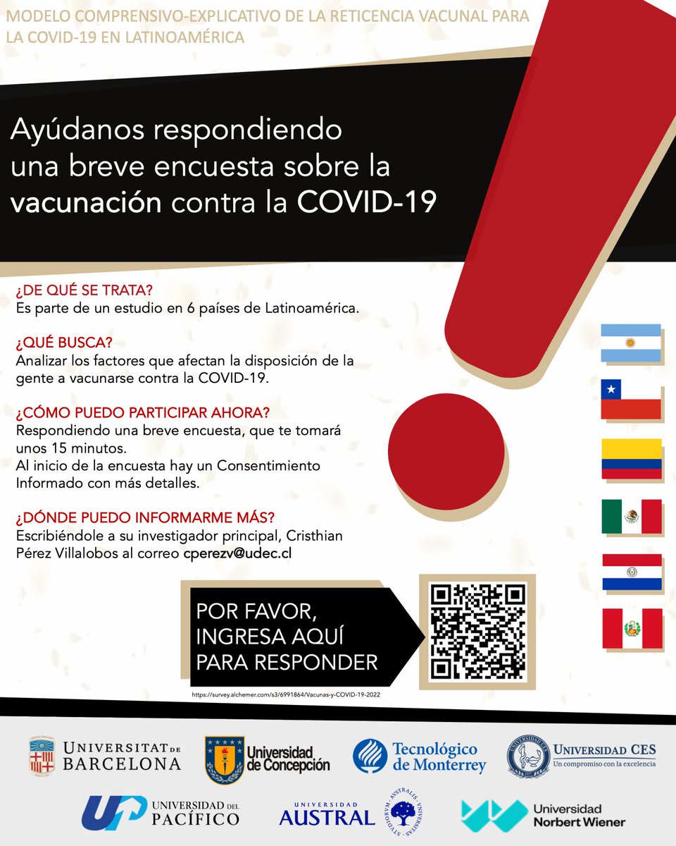 cristhianperezX's tweet image. Quiero pedirles su ayuda en una investigación que lidero sobre los factores que afectan la aceptación o el rechazo a las vacunas contra la COVID-19 en población adulta.
Puede acceder a la encuesta por aquí: 
survey.alchemer.com/s3/6991864/Vac…
¡Muchas gracias!
#covid #vacuna #chile #covid19