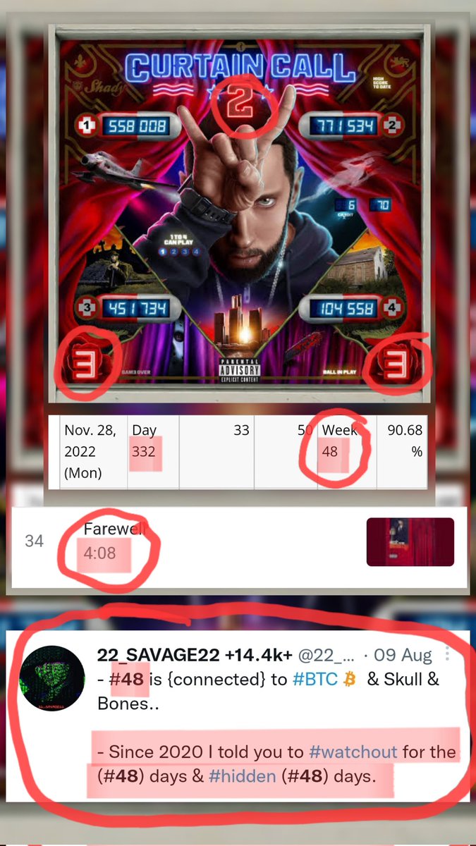 TheMatrixology's tweet photo. - "The #INITIALS Of A Word Are #KEY Indicators Of The #ENERGY it's #CONNECTED To"
- #Eminem released album: "(#C)urtain (#C)all 2" (332) 👈
(Notice "#2,#3,#3" on album cover)
- #NOVEMBER28 = 332nd day👈
(Same Day #JefferyDahmer died)👈
- #34: Last song = "#Farewell"
#Matrix https://t.co/tHlNYDuw3n