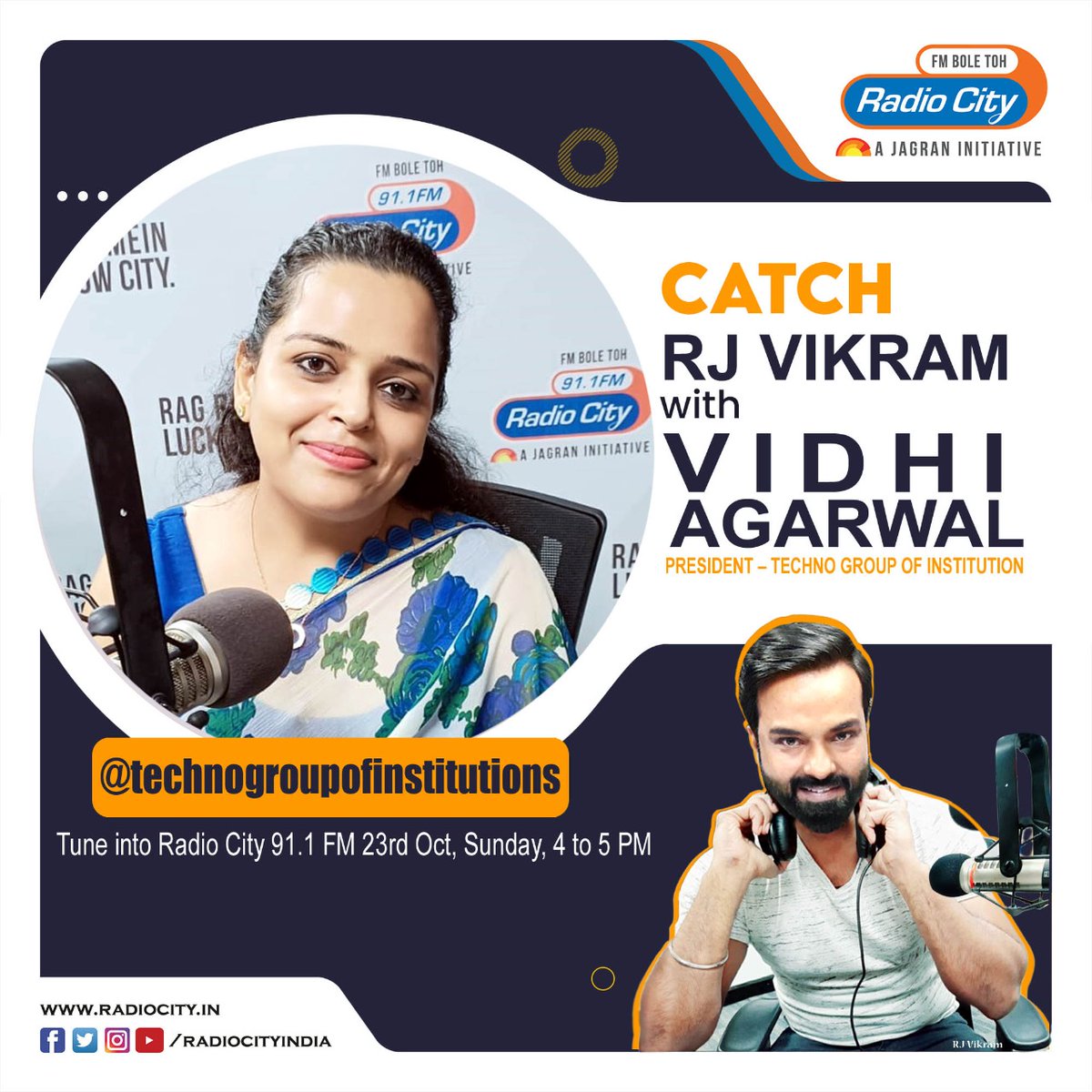 TECHNOGROUP2's tweet photo. #Radio is the most intimate and socially personal medium in the world. 
Tune into Radio City 91.1 FM to catch RJ Vikram with our Hon'ble President Mam Vidhi Agarwal on 23rd October, Sunday,  4-5 PM.

#Techno #TechnoGroup #college #lucknowcolleges #radiocity #radiocity91FM https://t.co/X2lrF5KE3Z