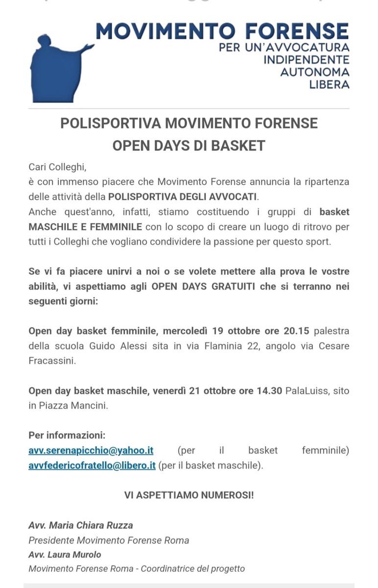 Movimento Forense #openday #Basket #polisportiva #Avvocati sia #femminile il 19.10.2022 ore 20:15 oppure #maschile il 21.10.2022 ore 14:30 indirizzi e contatti per prenotazioni nella locandina. <a href="/alalumia/">Nino La Lumia</a> <a href="/MCesali/">Massimiliano Cesali</a> <a href="/marichiruzza/">Maria Chiara Ruzza</a>