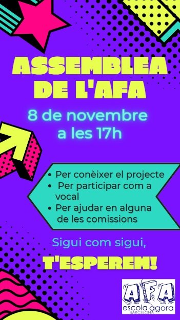 8 de novembre 17 hs
ASSEMBLEA GENERAL ORDINARIA
PER A TOTES LES FAMÍLIES SOCIES DE L'AFA
Us hi esperem!