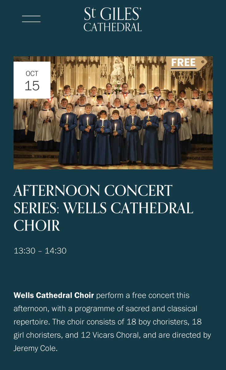 FREE Concert in @StGilesHighKirk today by @ChoirOfWells Sadly, I will miss their visit to @edinburghcastle this morning but hope they all have a great time