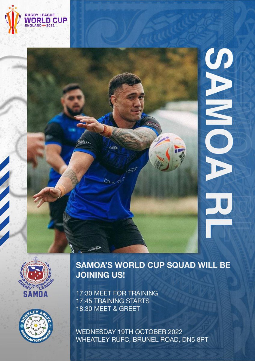BentleyARLFC's tweet photo. What a fantastic experience this is going to be for our juniors. Please see poster for details
Please share and meet some of the true greats of the modern game @RLWC2021 @RLSamoa @hallyboy03 @MyDoncaster @MayorRos @jaromeluai_ #SamoaRL https://t.co/kWI81kW4w2