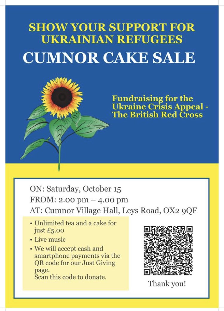 Today is the day for cake! The Cumnor Cake Sale is raising money for the British Red Cross Ukraine Appeal. 

There will be amazing cakes, lovely music &amp; time to catch up with neighbours &amp; friends. 

Cumnor Village Hall, Leys Road 2-4pm