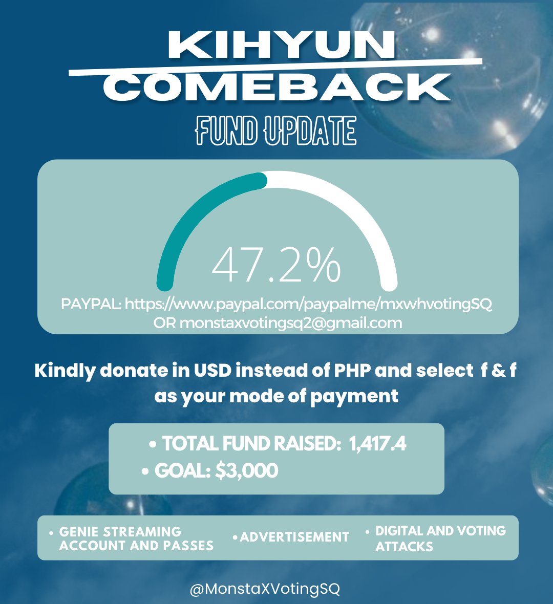 MonstaXVotingSQ's tweet photo. ‼️ PLEASE RETWEET ‼️

We only have few days left to prepare for Kihyun's CB. Please help us share this project or donate if you can. A dollar will help a lot 🙏🏻

• Current: $1,417
• Needed: $2,998

💰 Donate: https://t.co/PRNzgzuUz9 or monstaxvotingsq2@gmail.com 

#기현 #KIHYUN https://t.co/1ZddnGkmC8