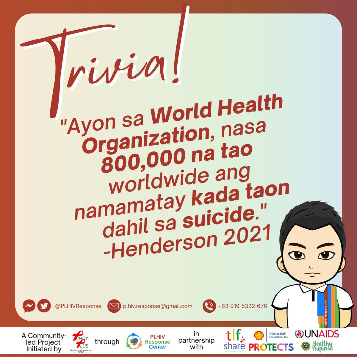 PLHIVResponse's tweet photo. Ayon sa World Health Organization, at base sa pag-aaral ni Hender 2021 nasa 800,000 na tao sa buong mundo ang namamatay kada taon dahil sa suicide.

#HIVandSUICIDE #PLHIVsuicide 
#LearnWithPRC #PRCares #PRCPromotion #ResponseCenter #HealthyPilipinas #TriviaNiPapsRC https://t.co/IfyCz7r6t4
