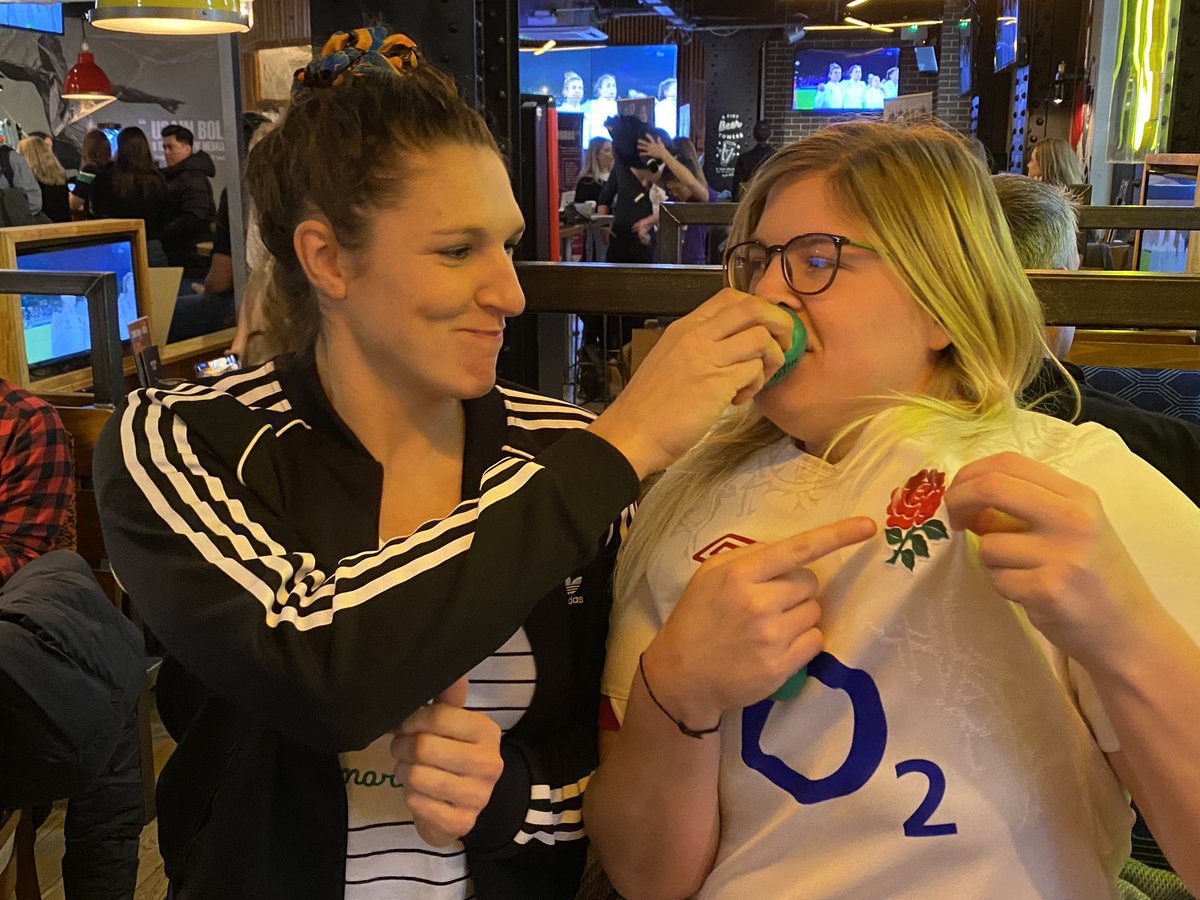 nickheathsport's tweet photo. The rivalry is real at the official @WorldRugby #LaCrunch watch party as @LenaigCorson and @BryonyCleall get ready to watch. 🏴 🇫🇷
#FRAvENG https://t.co/L3XfqAQ1v5