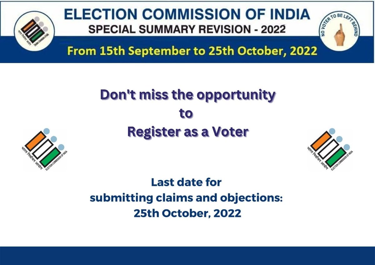 dckupwara's tweet photo. #SpecialSummaryRevision2022
Only 10 days are left now for Special Summary Revision. 

If you are not enrolled yet, contact your BLO immediately. SSR will end on October 25.
@diprjk 
 @OfficeOfLGJandK  @CBCJammuKashmir https://t.co/oiMV6PLOk1