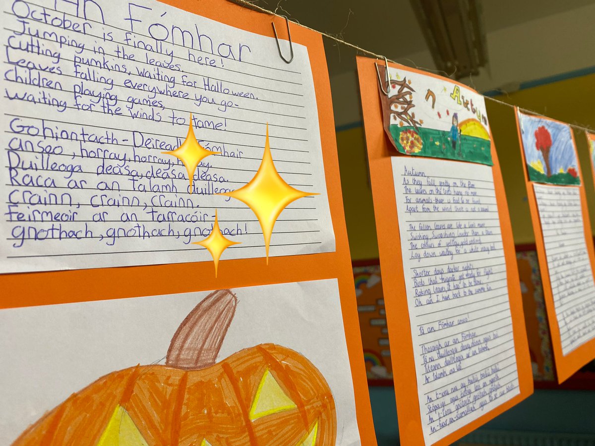 scoilbhrideNS's tweet photo. Féach ar an scríbhneoireacht Gaeilge & Béarla a rinne na daltaí …ar fheabhas! 👏🌟✏️ #poetryclub #celebratingourwork https://t.co/u6mnpPBdrx
