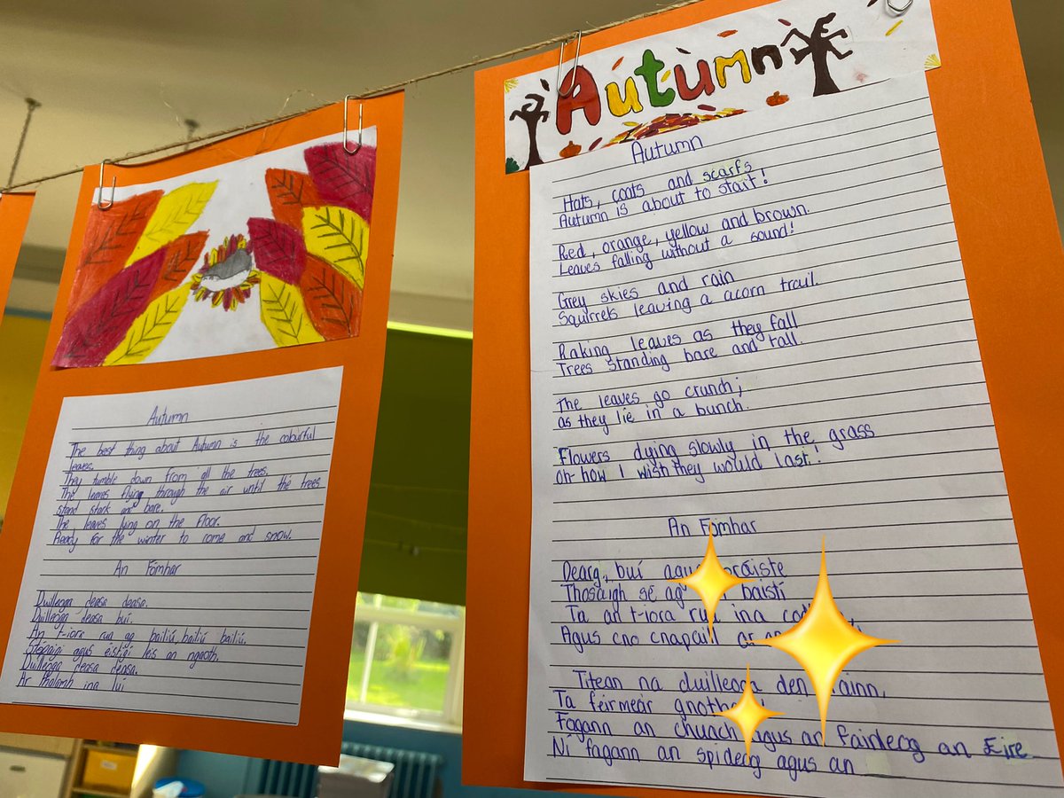 scoilbhrideNS's tweet photo. Féach ar an scríbhneoireacht Gaeilge & Béarla a rinne na daltaí …ar fheabhas! 👏🌟✏️ #poetryclub #celebratingourwork https://t.co/u6mnpPBdrx