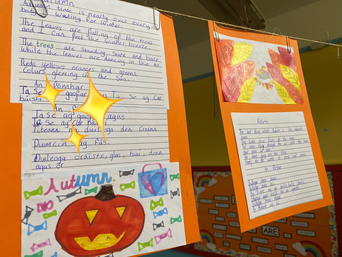 scoilbhrideNS's tweet photo. Féach ar an scríbhneoireacht Gaeilge & Béarla a rinne na daltaí …ar fheabhas! 👏🌟✏️ #poetryclub #celebratingourwork https://t.co/u6mnpPBdrx