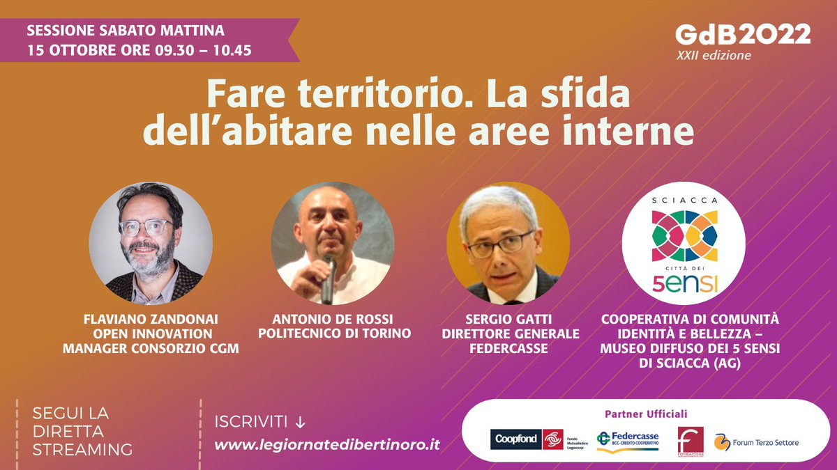 AICCON Research Center (@aicconnonprofit) on Twitter photo 🔜 Tra poco alle #GdB2022
📌 Fare #territorio. La #sfida dell'#abitare nelle aree interne.
🎤 Introduce e coordina <a href="/Editormanque/">Flaviano Zandonai</a> <a href="/agenzialama/">LAMA</a> Intervengono Antonio De Rossi, Sergio Gatti <a href="/FedercasseBCC/">Federcasse - BCC</a> e <a href="/Emilio_Casalini/">Emilio Casalini</a> <a href="/ecomuseosciacca/">Museo Diffuso dei 5 Sensi</a> 🔜 Tra poco alle #GdB2022
📌 Fare #territorio. La #sfida dell'#abitare nelle aree interne.
🎤 Introduce e coordina <a href="/Editormanque/">Flaviano Zandonai</a> <a href="/agenzialama/">LAMA</a> Intervengono Antonio De Rossi, Sergio Gatti <a href="/FedercasseBCC/">Federcasse - BCC</a> e <a href="/Emilio_Casalini/">Emilio Casalini</a> <a href="/ecomuseosciacca/">Museo Diffuso dei 5 Sensi</a>