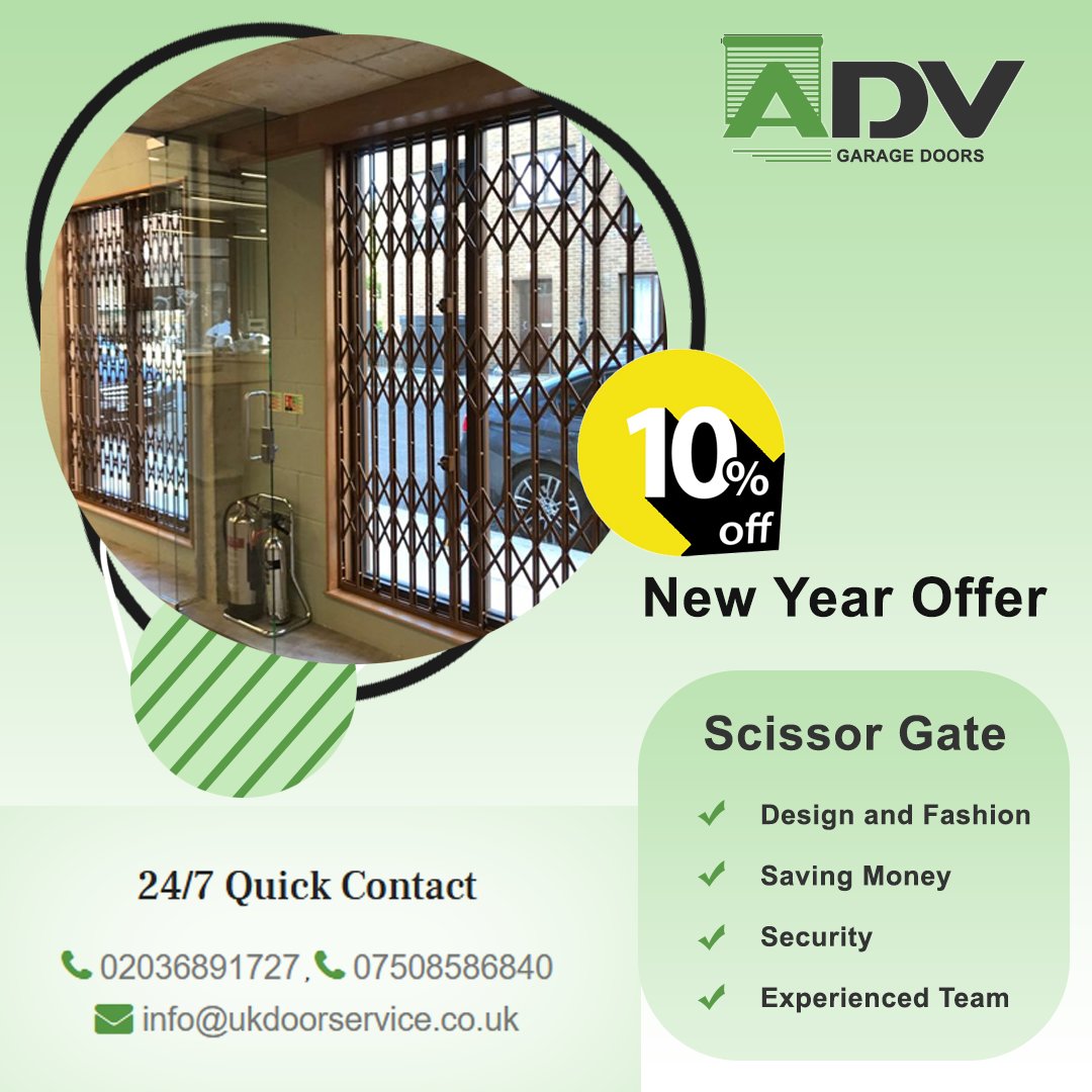 advgarage_doors's tweet photo. ADV Garage Doors is offering a 10% off New Year Offer on Scissor Gates. If you need a safe and reliable way to keep your loved ones safe, look no further than our scissor gates. Call Now: +44 7508586840
Website: https://t.co/yuVm2sQckF
#advgaragedoors #windows #windowdoor #happy https://t.co/P0RJhXtrmd