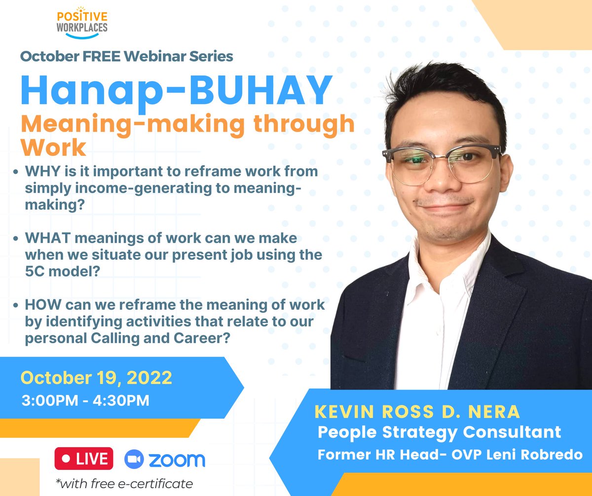 PWorkplacesPH's tweet photo. Join us on Wednesday as we talk about Meaning-making through work with our guest facilitator Mr. Kevin Nera, People Strategy Consultant and former HR Head at Office of VP Robredo!

Limited slots only! Make sure to register now and secure yours: https://t.co/ffVqQhS0lr https://t.co/dCpn2U48Vo