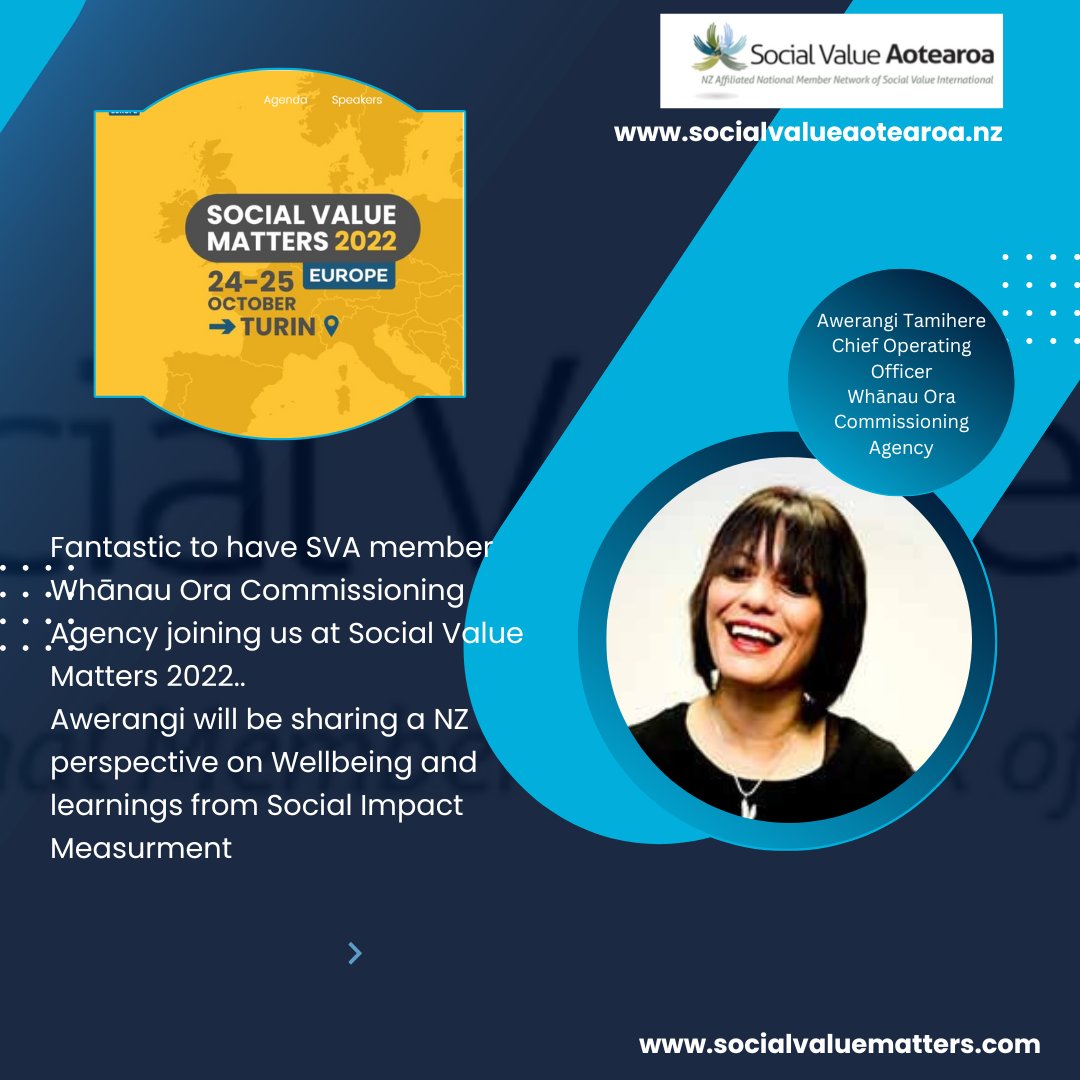 Excited that we have one of our organisational members #WhanauOra Commissioning Agency's COO @Awerangi sharing a NZ perspective on #Wellbeing and #SocialImpact Measurement with our #global community at #SVM2022.  We'll be sharing updates to via our social media channels.