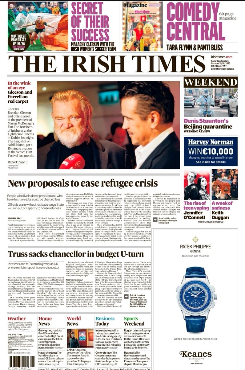 LiamPRyan91's tweet photo. Weekend @IrishTimes 
Includes @denisstaunton on what it's like to quarantine in Beijing, and @MalachyClerkin with the uplifting stories behind Ireland's #WorldCup2023 qualifying success 
#buyanewspaper #buyanePaper https://t.co/c7epkywJ25