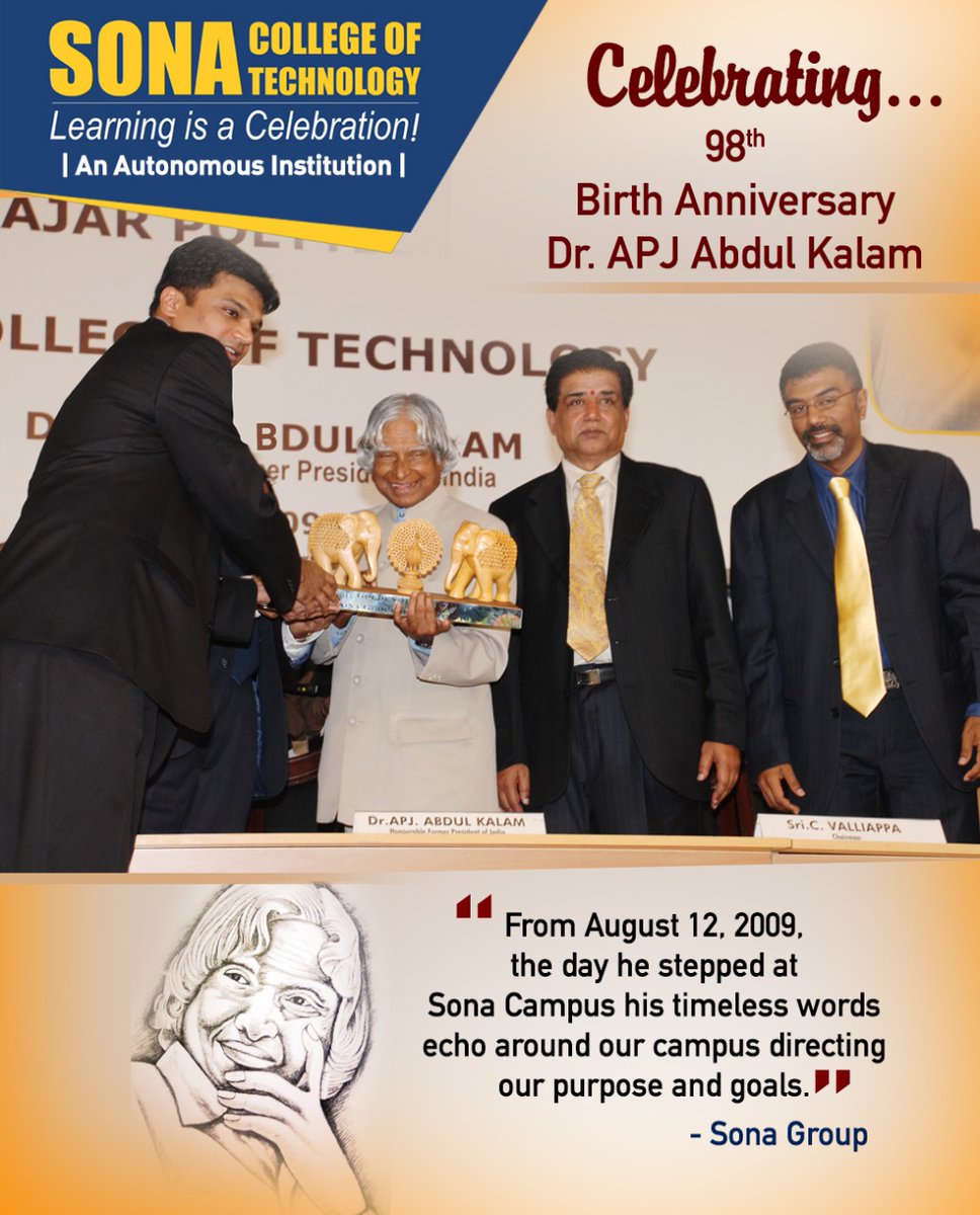 sonacollege's tweet photo. Tributes to our former president Bharat Ratna Dr A.P.J.Abdul Kalam on his #birthanniversary. #apjabdulkalam #SonaAt25 #sonatech https://t.co/J7A08oeuzP