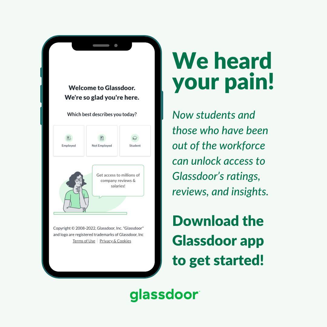 Exciting update! Are you a student or have been unemployed for a while now? You can now unlock access to our site by setting up personalized job alerts or signing in to our Glassdoor app.📲🤗 💚 Download the app here: gldr.co/3fLFTGn