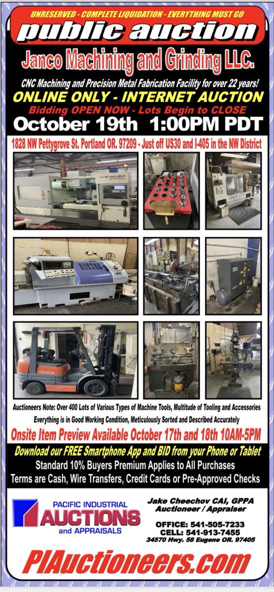 PIAuctioneers's tweet photo. Check out our next #auction for Janco Machine in Portland OR. Go to https://t.co/cWZQUMzI2Z to place your bids!! https://t.co/atkeDsUsKl