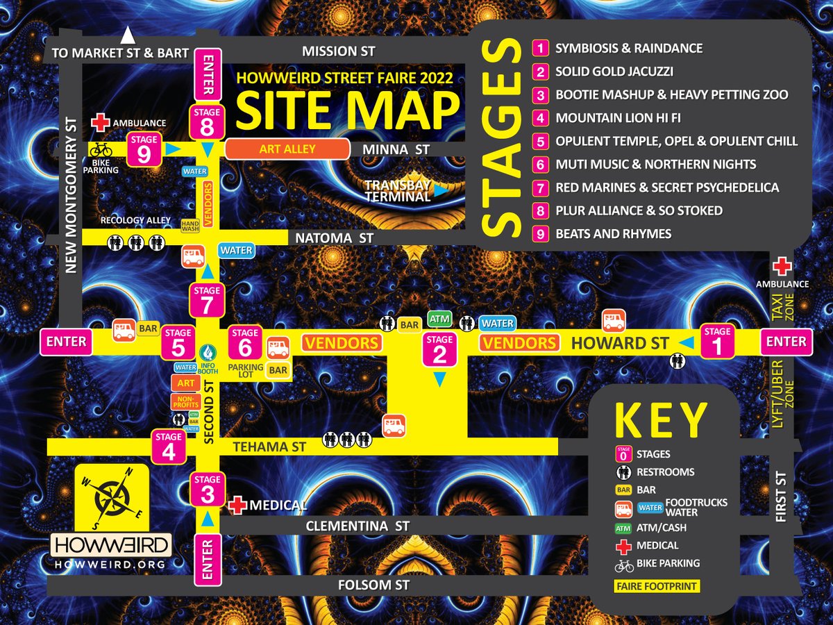 HowWeirdSF2's tweet image. So close! Here's the map with all the stages, Marketplace, Art Alley &amp;amp; the rest for #tomorrow's #HowWeirdStreetFaire. Only a few more hours before tickets go up to $40, the day of show price. Grab yours from howweird.org
howweird2022 #saturday #sanfrancisco
