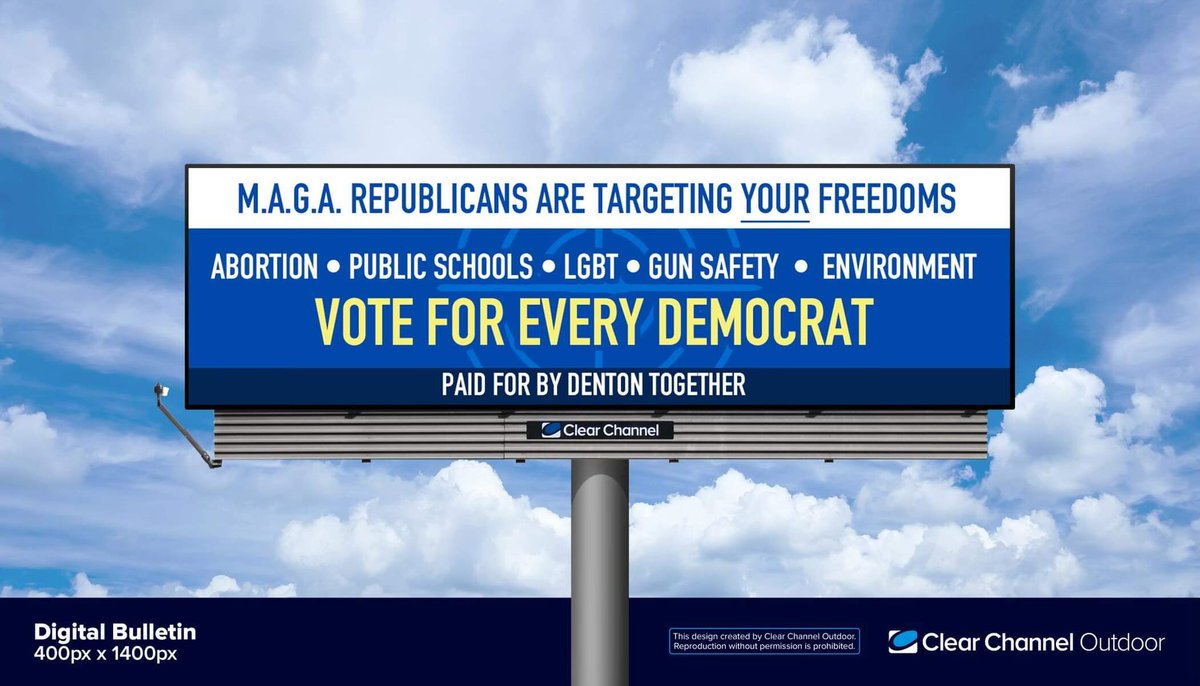 These billboards will be up through Election Day…..

One is on I-35 South at Exit 253 (Flower Mound) and one is on US-380 West in Little Elm…..