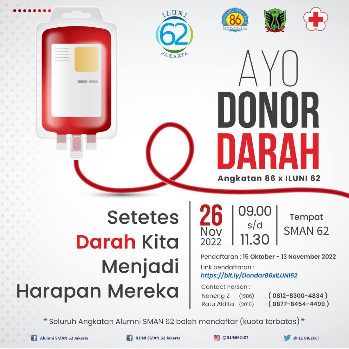 ILUNI62JKT's tweet photo. [Donor Darah Angkatan 86 x ILUNI]

Buat sobat-sobat yang mau berkontribusi untuk menjadi peserta donor darah kali ini, *monggo daftar di link berikut*: 

https://t.co/17HtReG6Xm

*Masa pendaftarannya dari tanggal 15 Oktober - 13 November 2022 yaah!* https://t.co/dW3sOdz7bX
