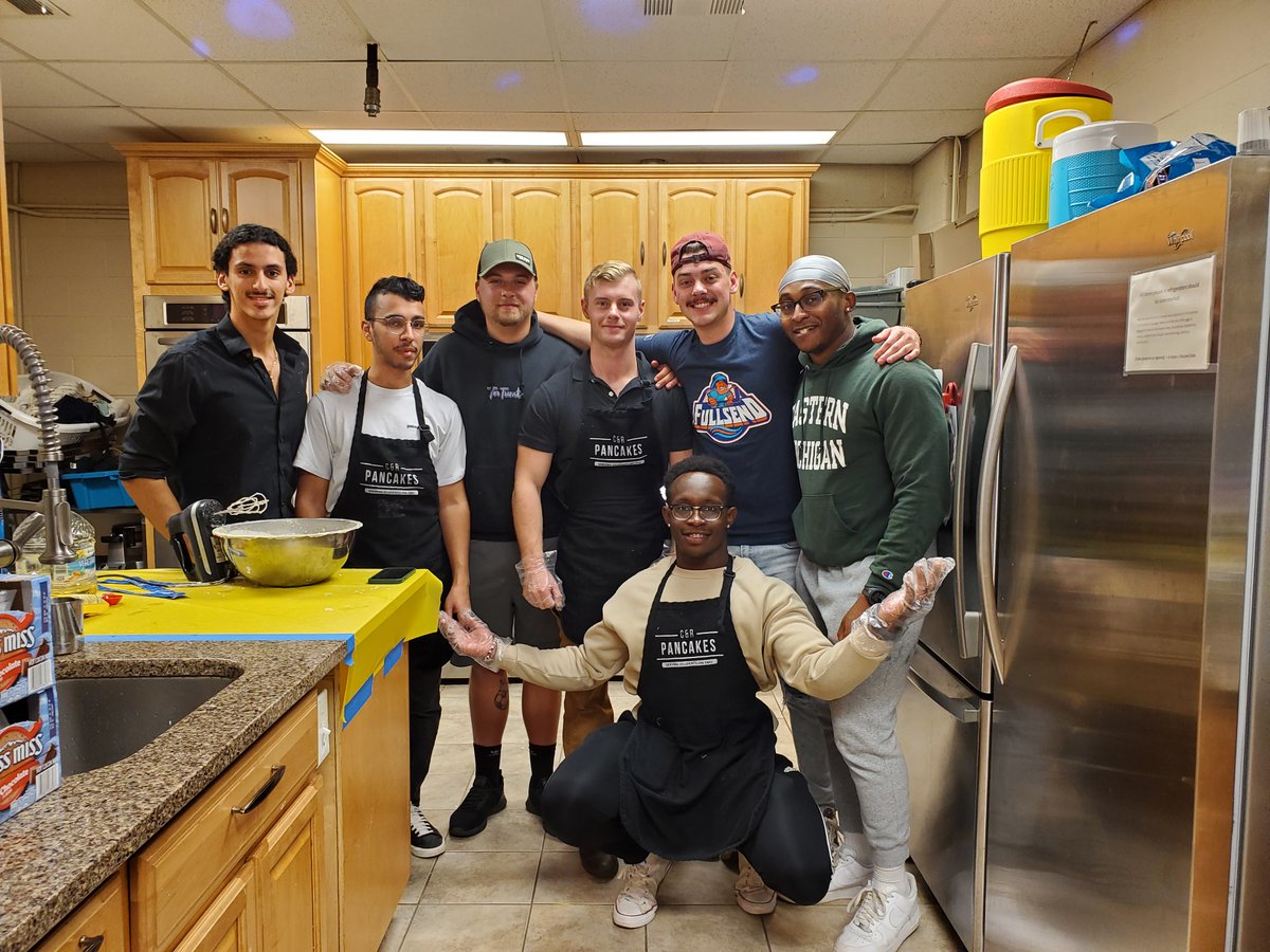 pastorbryans's tweet photo. Great group of students and volunteers at Pancakes and Waffles TOO tonight! Alpha Sigma Phi Fraternity helped out this evening. Cross and Resurrection, the Chapel at EMU. #ypsi #emu #pancakes https://t.co/A2pKmgZaAx