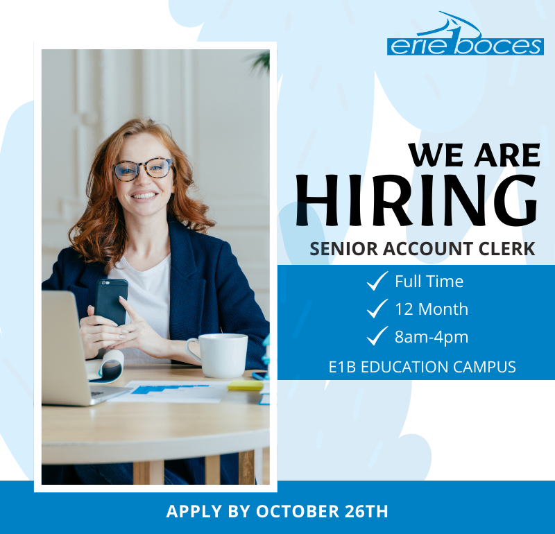 Do you enjoy working with schools? We are looking to hire a Senior Account Clerk. Application due by October 26th. Apply at: e1boces.recruitfront.com/JobPosting?JID…
