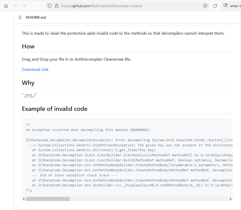 StopMalvertisin's tweet photo. #KLBanker
In this sample the Banker DLL is over 4MB instead of around 1MB.
Protection: invalid code to the methods so that decompilers cannot interpret them. Example AntiDecompiler Cleaner hosted on Github.
Didn't contact paste4btc or pastebin to fetch config info https://t.co/mI2Rfnw3t4