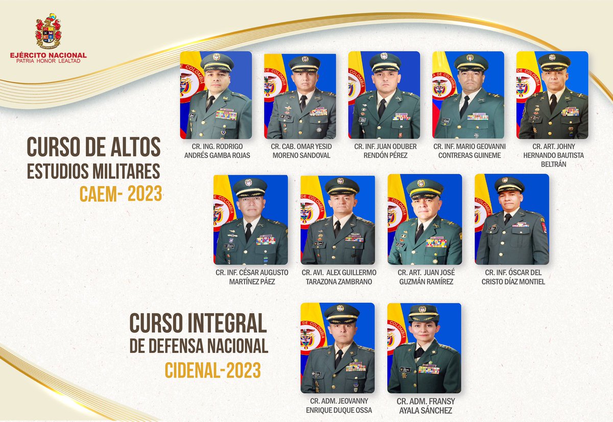 COMANDANTE_EJC's tweet photo. Me complace presentar al grupo de 11 coroneles del @COL_EJERCITO que, durante el año 2023, integrarán el Curso de Altos Estudios Militares y Curso Integral de Defensa Nacional, que los proyectará como futuros generales de la República. Felicitaciones para ellos y sus familias.(1) https://t.co/kWIuGrDLlQ