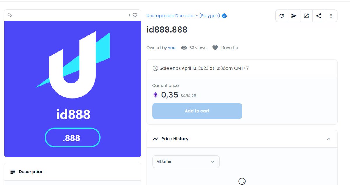 buiithanhduc's tweet photo. Flashsale domain ID888.888 price 0.35 $ETH

#UD #Unstoppabledomains #Polygon #ETH #NFT #OpenSea https://t.co/gglM3RvL8H