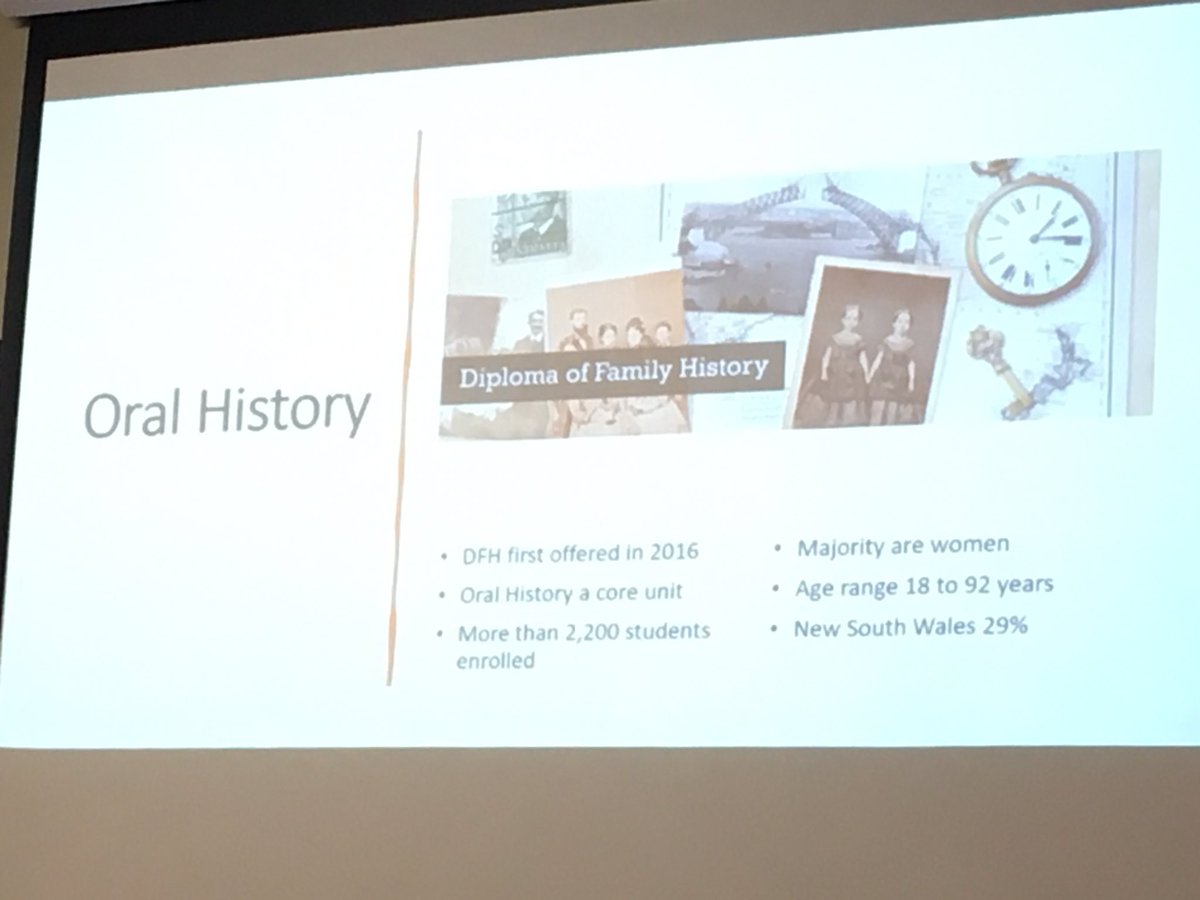 <a href="/lindafvhunt/">Linda Hunt</a> from <a href="/UTAS_/">University of Tasmania</a> presents on teaching #oralhistory to family historians in <a href="/utasfh/">Family History at UTAS</a>. Interviews ‘put flesh on the bones’ of a family’s story, connecting students tangibly to the past in the present. Linda has surveyed students to understand their challenges &amp; successes