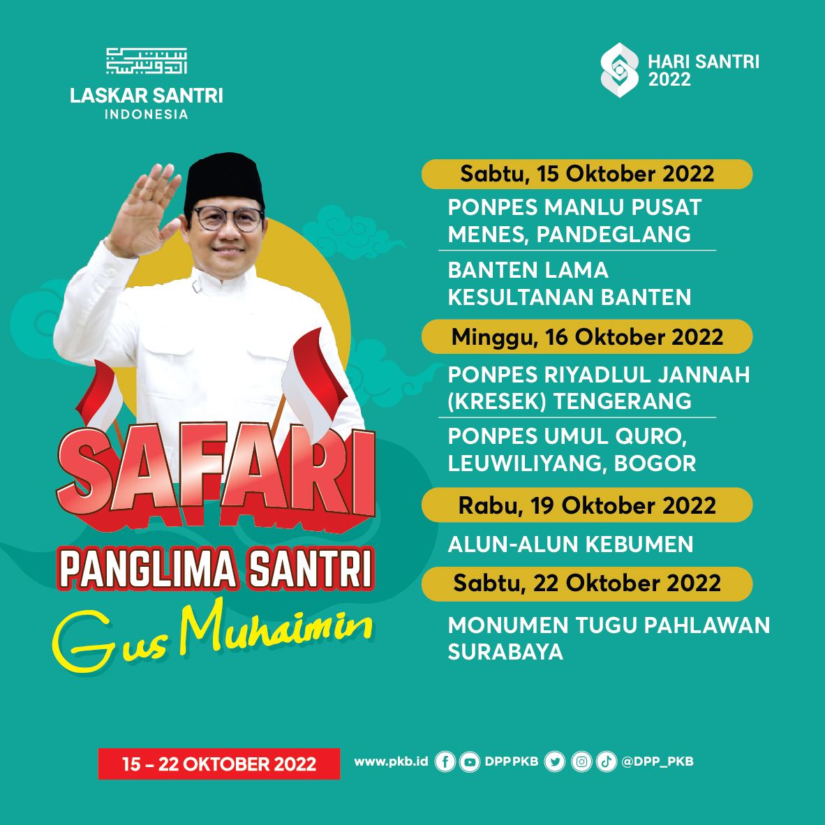 Update rundown safari Panglima Santri Gus Muhaimin pada peringatan Hari Santri Nasional 2022.