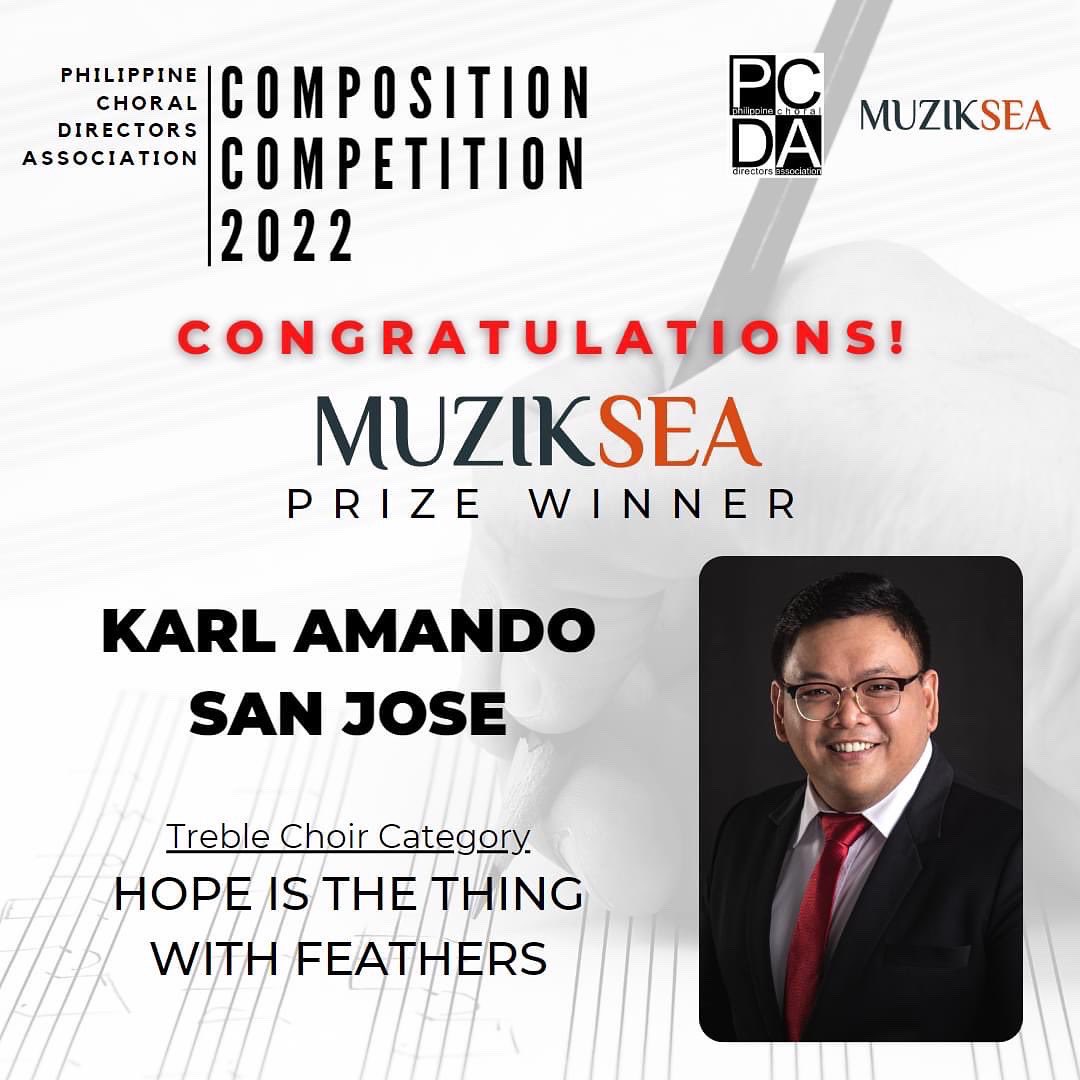 aleronchoir's tweet photo. Congratulations to our assistant conductor Karl San Jose for his recent wins! Your ALERON family is proud of you!
—
Muziksea Prize Winners
Philippine Choral Directors Association
Composition Competition 2022
Mixed & Treble Choir Categories
#myPCDA #CompositionCompetition https://t.co/9PI66xcDnC