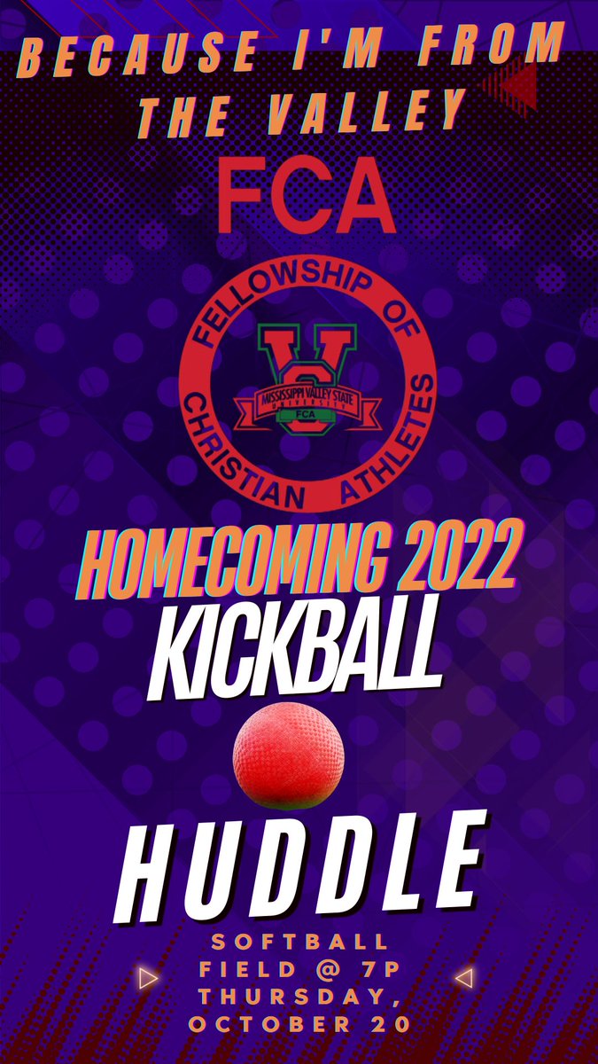 MauriceLLawson's tweet photo. Come KICK IT!! with MVSU FCA- this is going to be an exciting event. Valley’s FCA ministry will be hosting a Homecoming Kickball competition, Thursday, October 20th at 7PM at the softball field. ⁦⁦@MVSUDEVILS⁩ ⁦@MVSUDevilSports⁩ ⁦⁦⁦@FcaMvsu⁩ https://t.co/hh0JqWUwCw