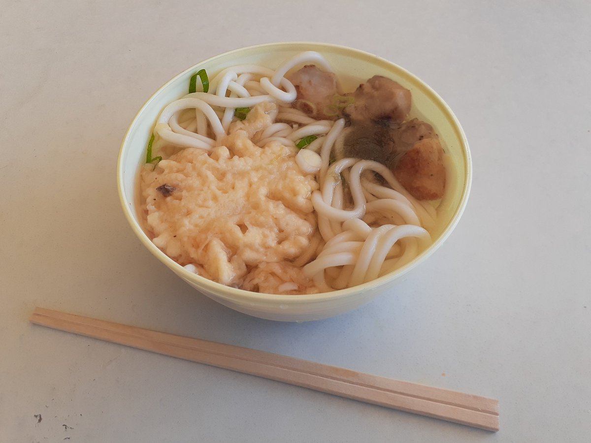 「そして最後にとり天うどん!鳥の天ぷらが入ってるのかな?と思いきやまさかの炭火焼き」|オクトパスプライム・アヒージョ🚑のイラスト