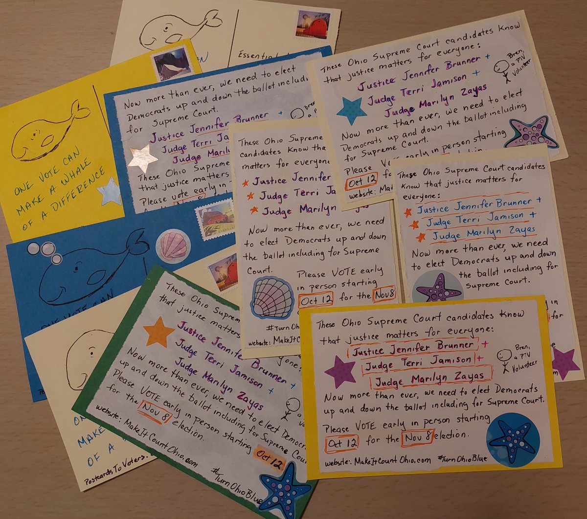 Back to Ohio with 10 more #PostcardsToVoters for Supreme Court candidates: Justice Jennifer Brunner, Judge Terri Jamison, and Judge Marilyn Zayas.  These awesome Democrats know that justice matters for everyone. 

#DemocracIsOnTheBallot
#TurnOhioBlue