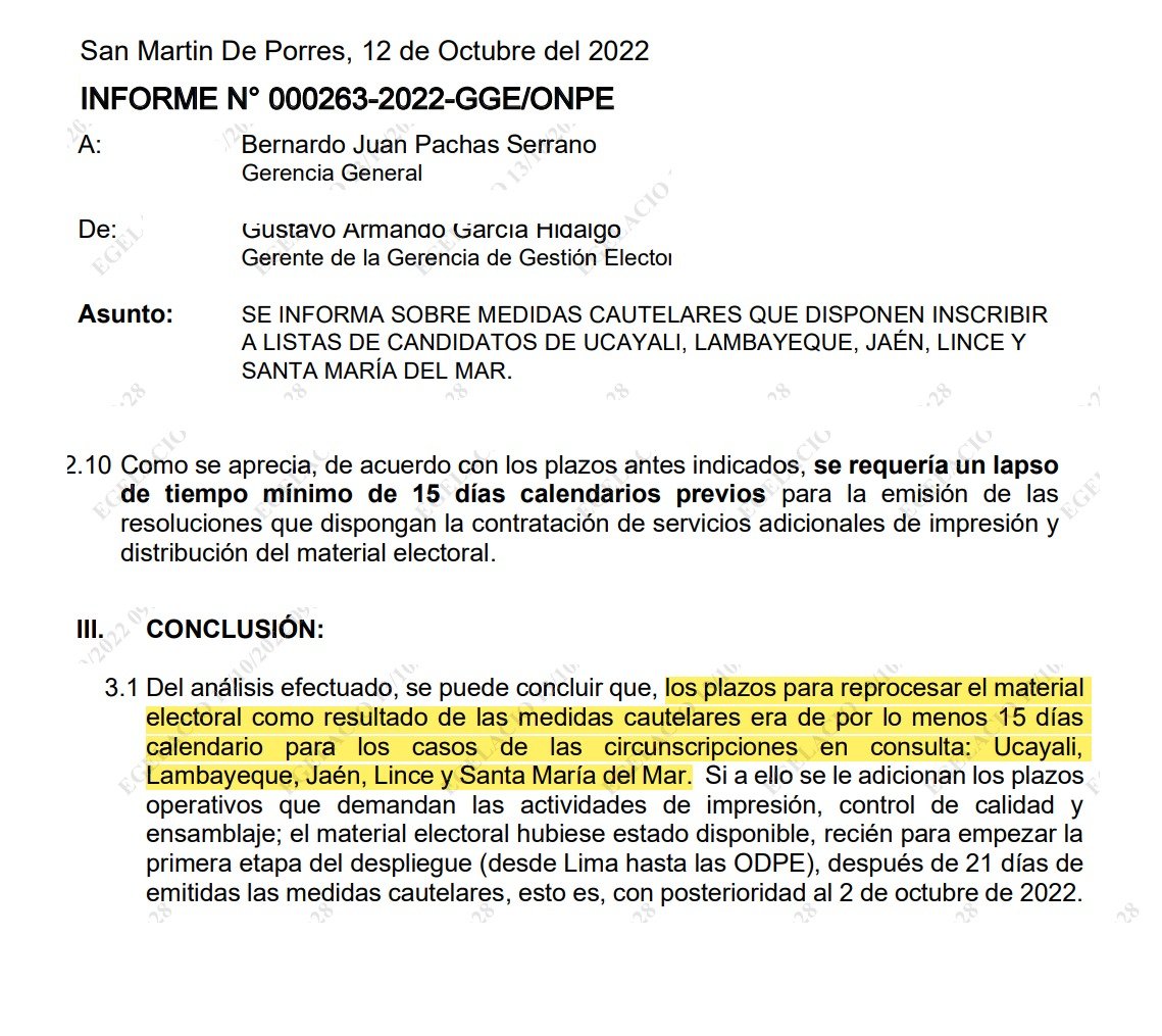 jarek_tello's tweet photo. #ALERTA Hemos tomado conocimiento de un informe de la ONPE en el que, sin asumir algún tipo de responsabilidad, concluyen que para que se ejecute medidas cautelares y se reimprima material electoral, este debe darse en un lapso de 15 días. Es decir, no contemplan contingencias. https://t.co/OOGtoeFE3k