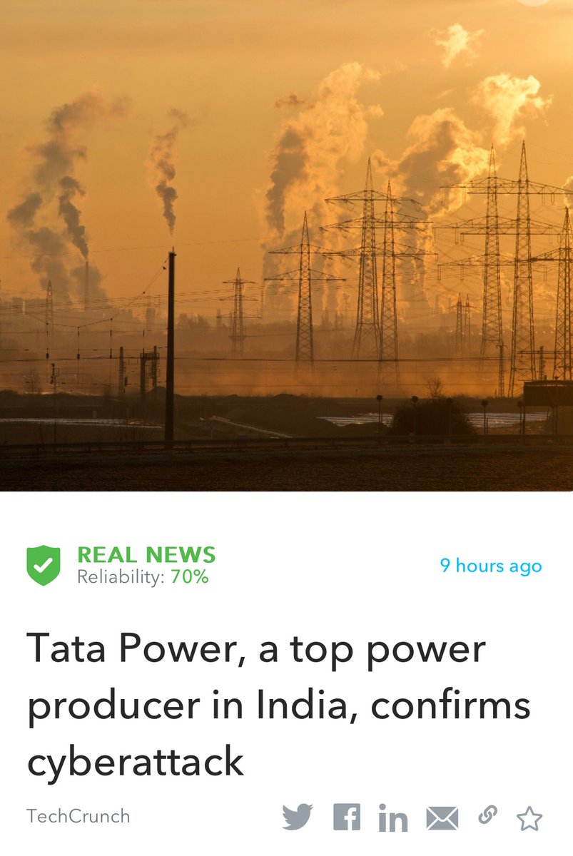 Oigetit_Tech's tweet photo. Tata Power, a top power producer in India, confirms cyberattack
https://t.co/PKniY8cUmx
Read more: https://t.co/fd2Y0upg7b
#fakenewsfilter #realnews #news #India #cyberattack #tech #worldnews #power 
The article was fact checked by #oigetit! https://t.co/ZYgiKZv09g