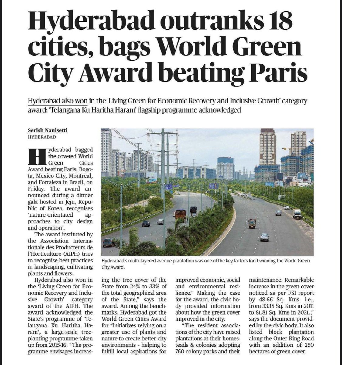 PrlsecyMAUD's tweet photo. #Hyderabad wins ‘World Green City Award 2022’ and category award ‘Living Green for Economic Recovery and Inclusive Growth’ at the @AIPHGlobal World Green City Awards 2022 held at Jeju, South Korea.
From 18 finalists across 6 categories, Hyderabad’s ORR greenery was overall winner https://t.co/lPjpets4rg