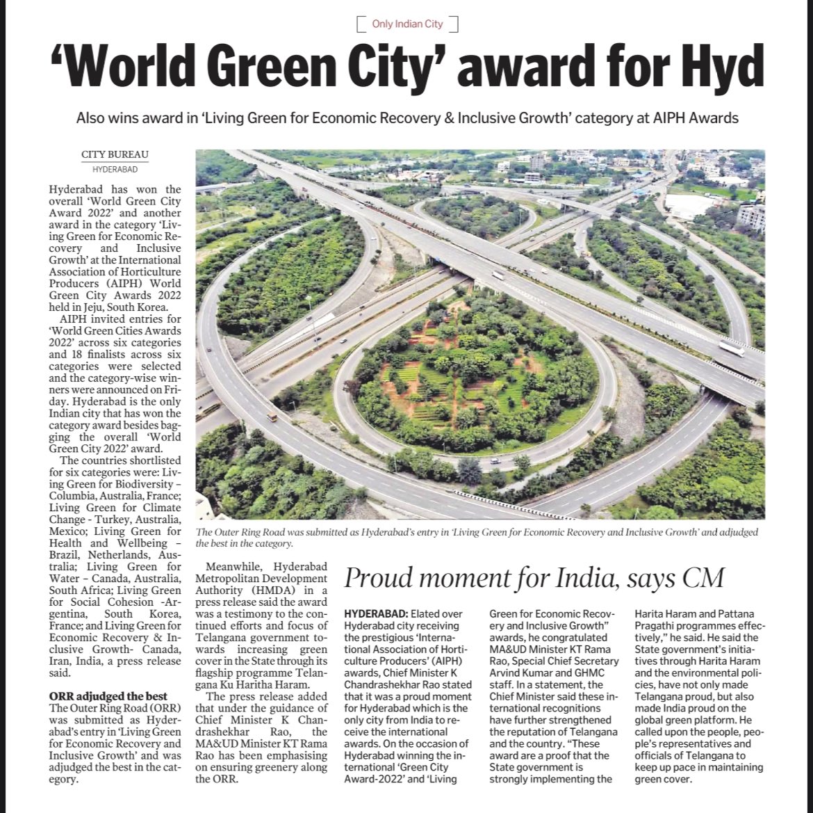 PrlsecyMAUD's tweet photo. #Hyderabad wins ‘World Green City Award 2022’ and category award ‘Living Green for Economic Recovery and Inclusive Growth’ at the @AIPHGlobal World Green City Awards 2022 held at Jeju, South Korea.
From 18 finalists across 6 categories, Hyderabad’s ORR greenery was overall winner https://t.co/lPjpets4rg