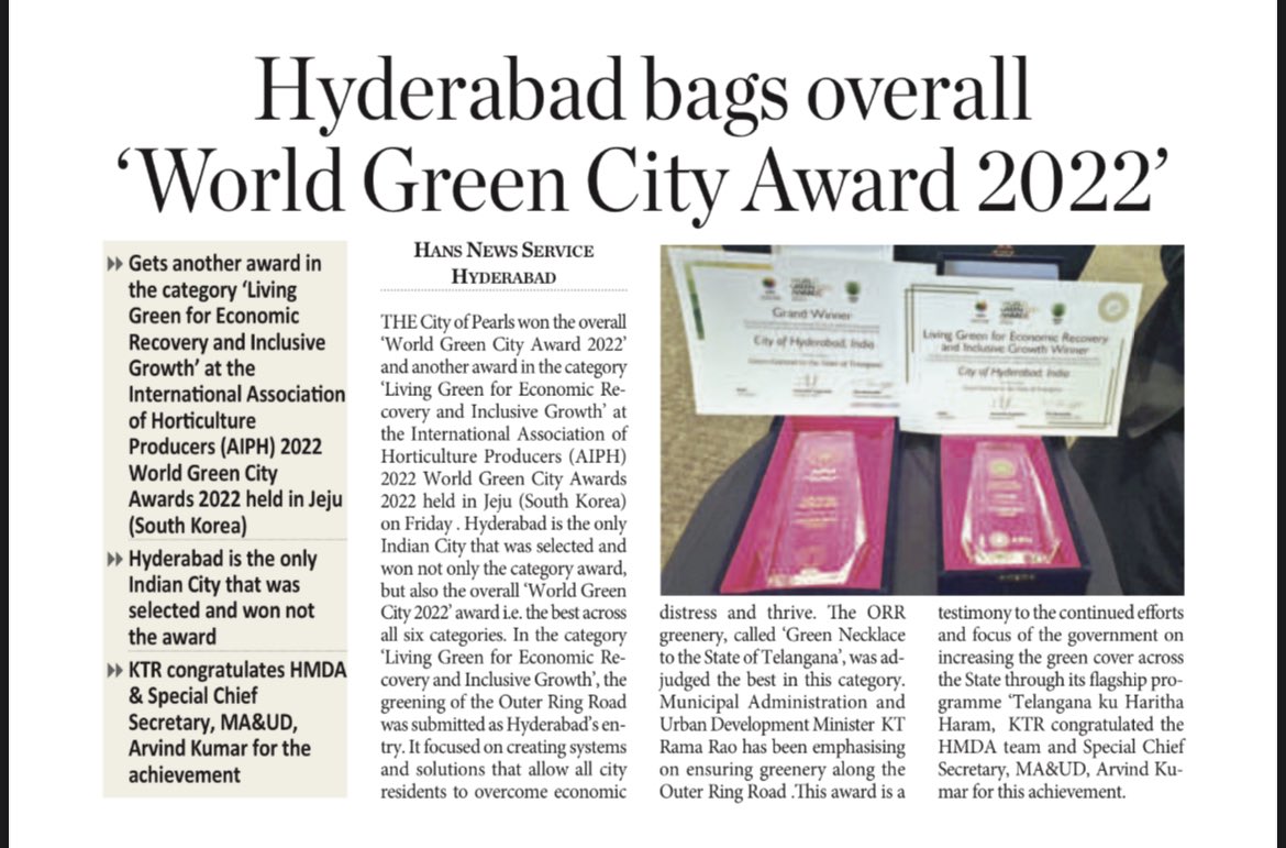 PrlsecyMAUD's tweet photo. #Hyderabad wins ‘World Green City Award 2022’ and category award ‘Living Green for Economic Recovery and Inclusive Growth’ at the @AIPHGlobal World Green City Awards 2022 held at Jeju, South Korea.
From 18 finalists across 6 categories, Hyderabad’s ORR greenery was overall winner https://t.co/lPjpets4rg