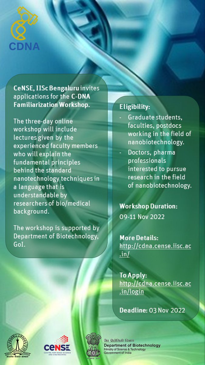 cense_c's tweet photo. CeNSE, IISc Bengaluru invites applications for the C-DNA Familiarization Workshop.
More Details: https://t.co/WYv0w1ABzI
To Apply: https://t.co/fhpAh7w4mG https://t.co/gmsrRkpggn