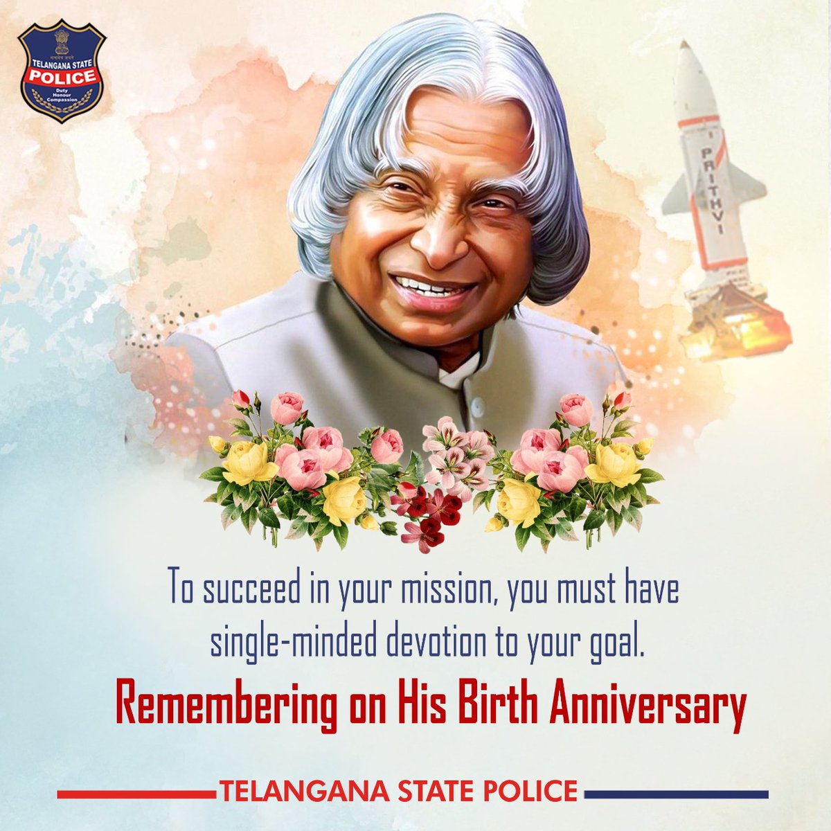 TelanganaCOPs's tweet photo. Remembering #MissileMan former President of India &amp; #BharatRatna  Dr. APJ Abdul Kalam on his 88th birth anniversary.
#StudentsDay2022 
#MissileManofIndia https://t.co/9z94OawI1N
