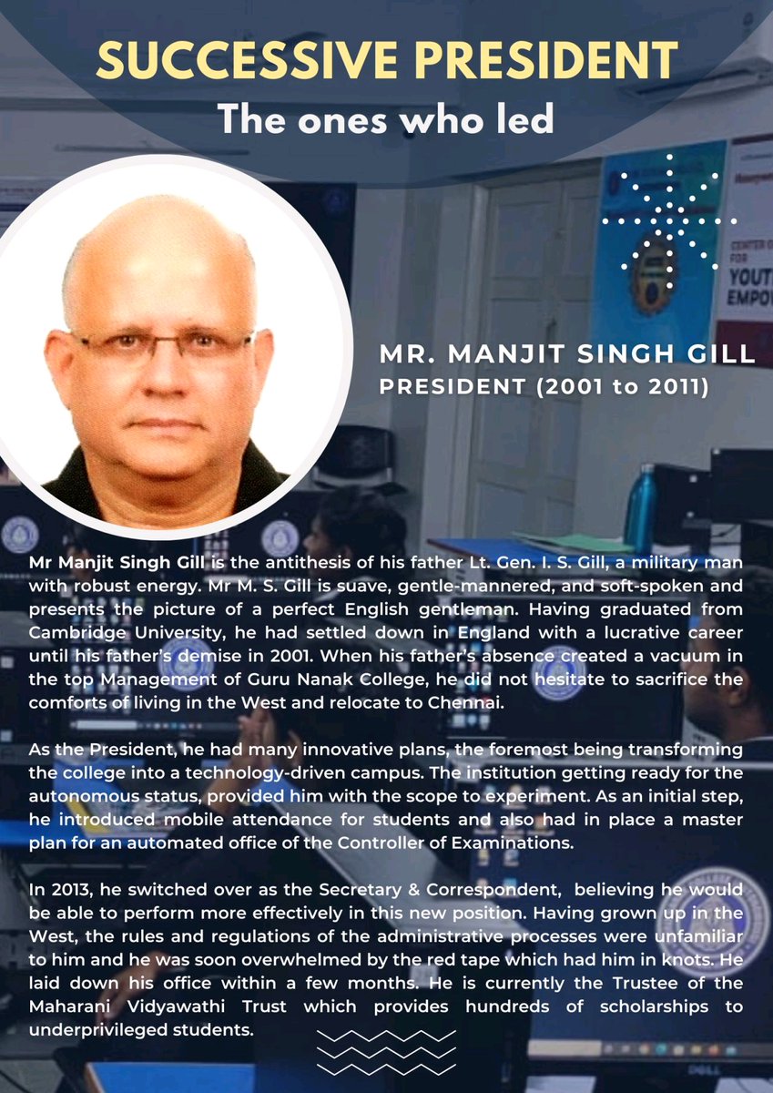 GNC_Chennai's tweet image. #SUCCESSIVE #PRESIDENT

MR. MANJIT SINGH GILL
PRESIDENT (2001 to 2011) 

#gurunanakcollege #gnc_chennai #50yearsofgurunanakcollege #GuruNanakCollegeChennai #educationinchennai #gurunanakeducationalsociety