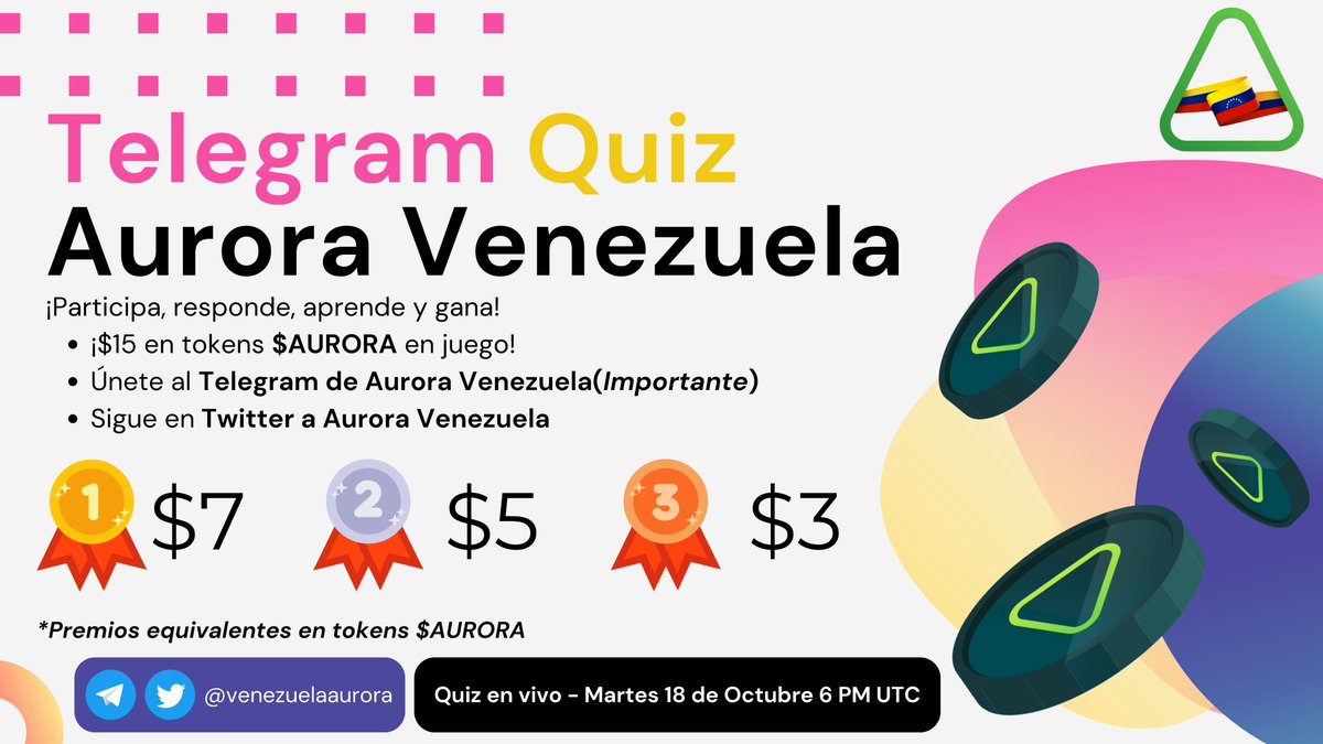 NearMultiverse's tweet photo. 📣 @venezuelaaurora lanza su Telegram Quiz!
🎁 ¿Como participar?🎁
— RT este tweet y Like❤️
— Únete a su Telegram: https://t.co/0rcCSxnGfh
— Sigue a @venezuelaaurora en Twitter
✨ Quiz en vivo — Martes 18 de Octubre, 6 PM UTC!
⏰ Anota la fecha en tu agenda y listo! 🤓 https://t.co/obPeAflNfm