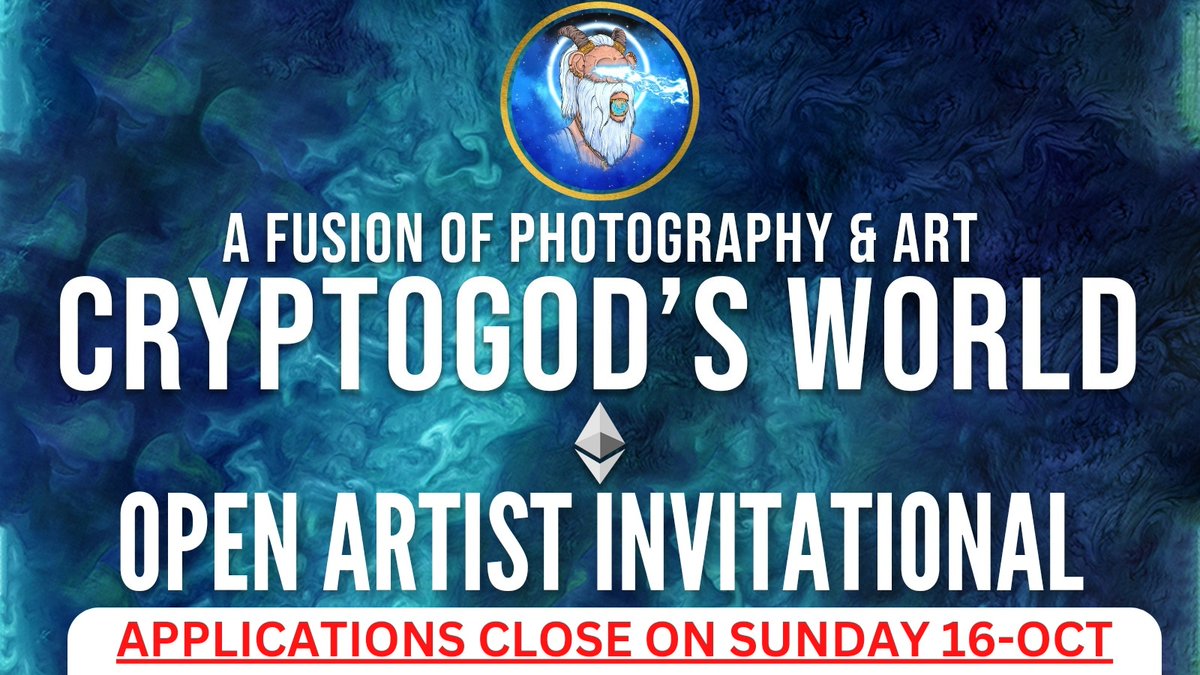 GM 🔥

FREE NFTs Giveaway ❤️

Cryptogod's World 2.0 Applications for Artists close this Sunday 🙌

Unique Fusion Collaboration of Photography 📸 x Art 🎨

Simple rules
1. Like &amp; RT
2. Follow <a href="/CryptogodsWorld/">Cryptogod's World 2.0 on ETHEREUM</a>
2. Tag 2 artists who should Apply

Project details in 📌

You can win 👇