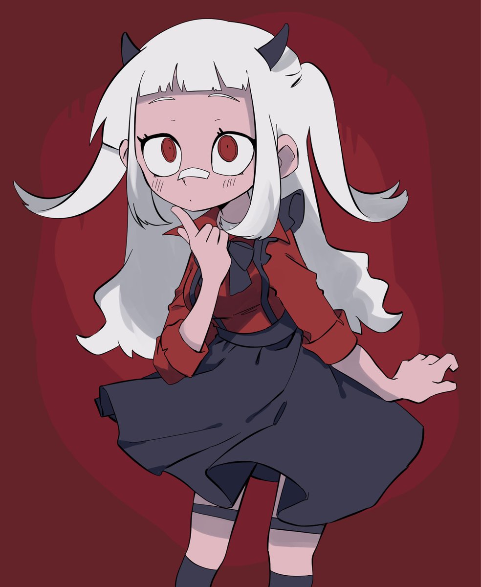 1girl horns solo red eyes white hair long hair red shirt  illustration images