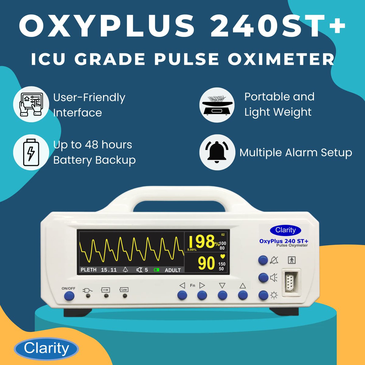 claritymedical's tweet photo. The OxyPlus 240ST+ is Clarity Medical’s ICU grade pulse oximeter used to measure a patient’s oxygen saturation and heart rate. VISIT: https://t.co/i51OhhI8UG
#Oximeter #pulse #HR #hearrate #ICU #Pulsemeter #SpO2 #oxygen #saturation #medicaldevice #ClarityMedical #PGIMER #AIIMS https://t.co/S7xHdzGm3L